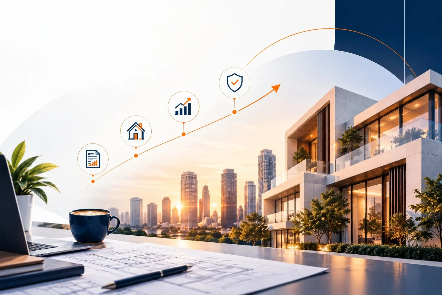 Desk with building plans looking out to a modern residential property and city skyline, with icons for reports, property, growth and security along a rising path
