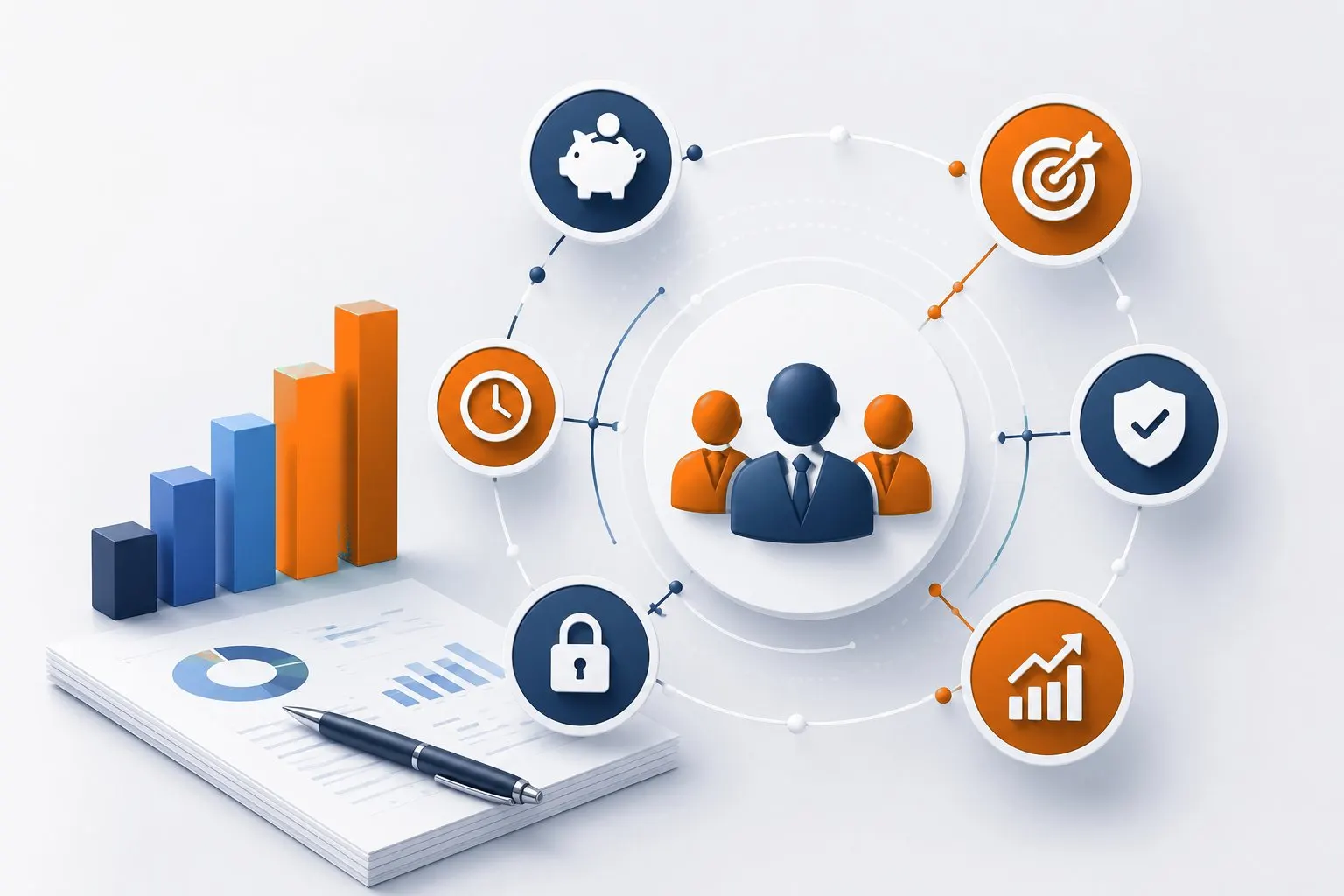 Illustration of an outsourced accounting team connected to cost savings, accuracy, timely reporting, security and growth