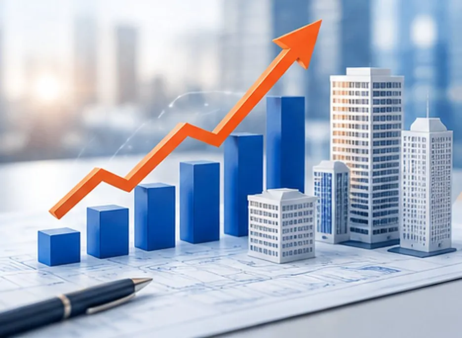Model buildings on architectural plans beside rising bar charts and an upward trend arrow