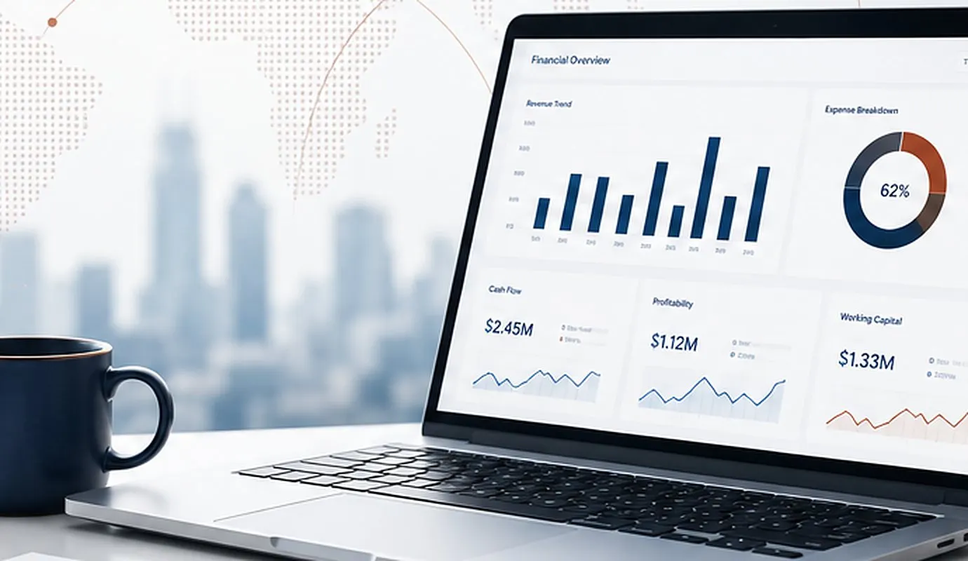 Laptop with a financial overview on a desk beside a coffee mug