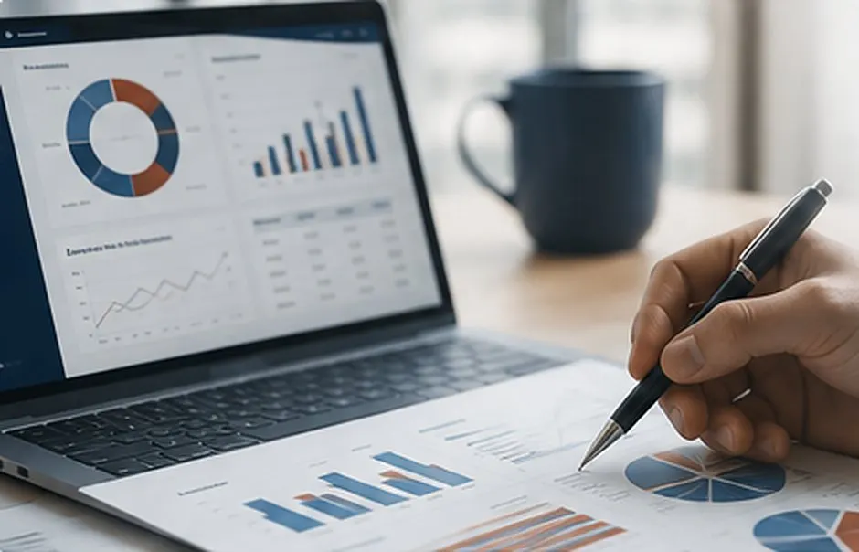 Reviewing printed financial reports beside a laptop