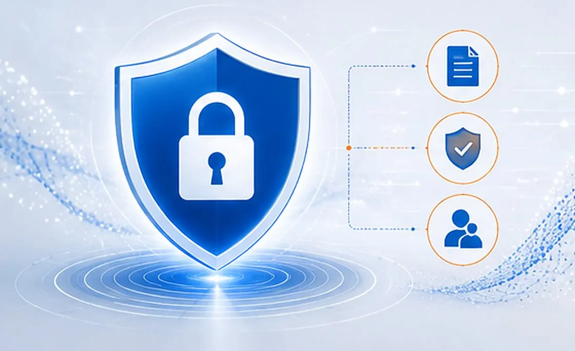 Shield and padlock symbol connected to document, verification and user access icons
