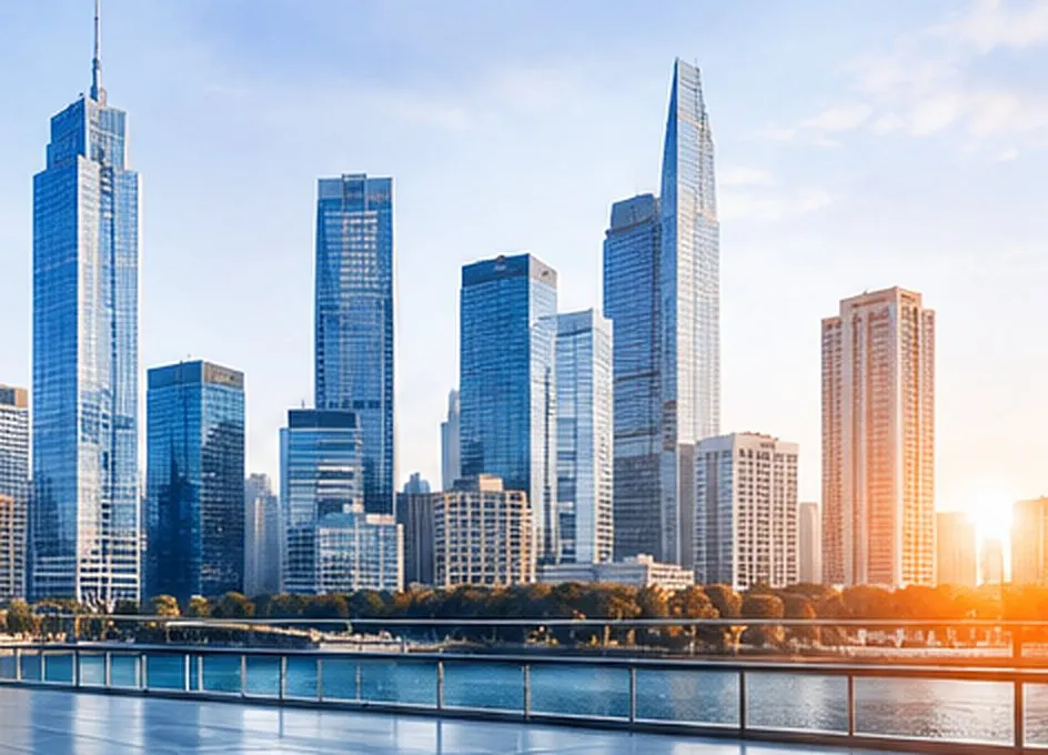 Waterfront skyline of residential and commercial towers at sunrise
