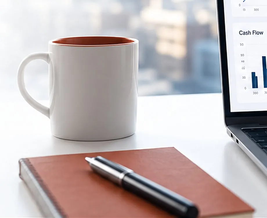 Coffee mug and leather notebook beside a laptop showing cash flow reports